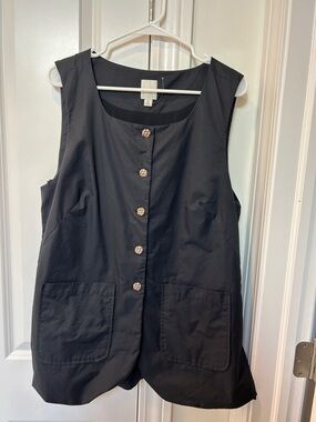 Maeve Black Vest with Gold-Tone Decorative Button and Orange Accents